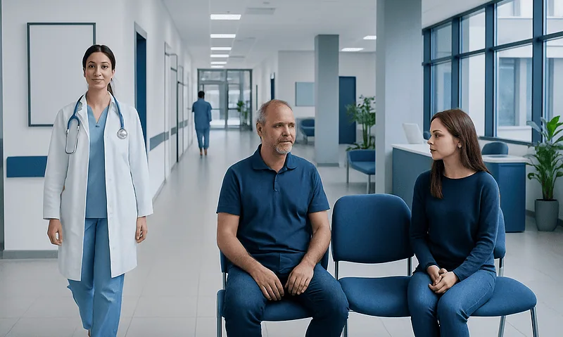Doctor with two patients in a hospital corridor.