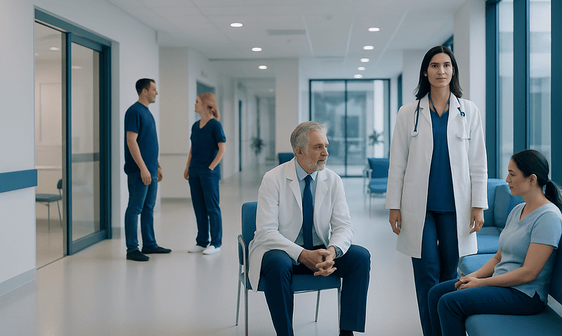 Medical team consulting patient in hospital corridor at Acibadem Hospitals Group.