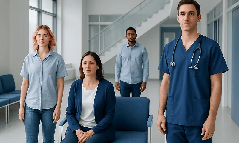 Healthcare professionals and patient in a modern hospital setting.