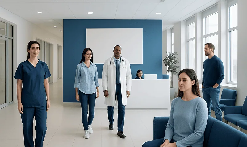 Medical team and patient in a modern hospital lobby.