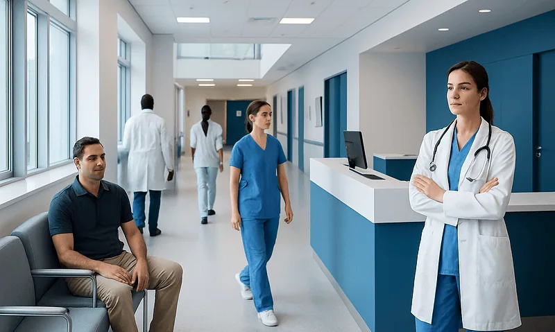 Pantoprazole — Explained by Medical Evidence, Not Myths 9 Healthcare professionals and patient in a modern hospital corridor.