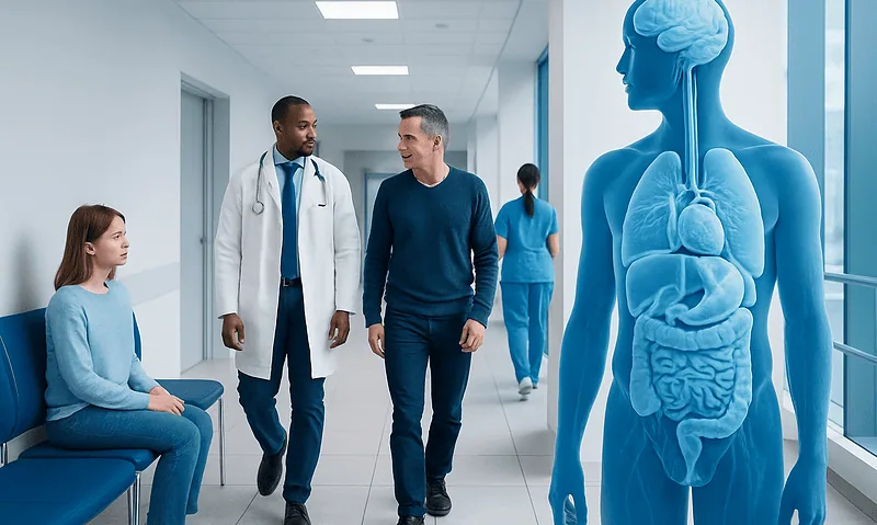Medical consultation with a digital human body model in a hospital corridor.
