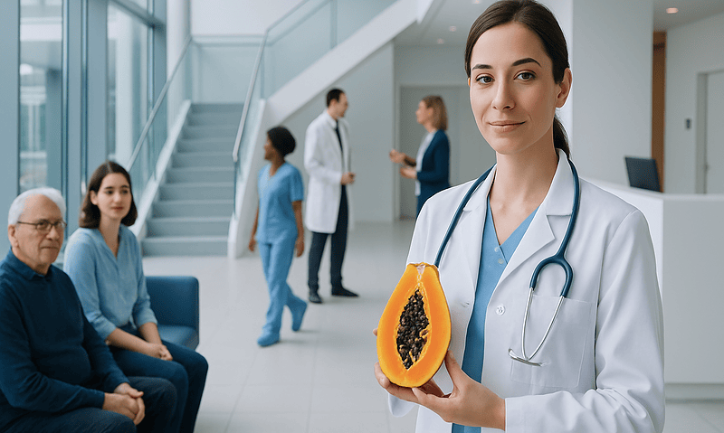 Healthcare professional holding papaya in a hospital lobby.