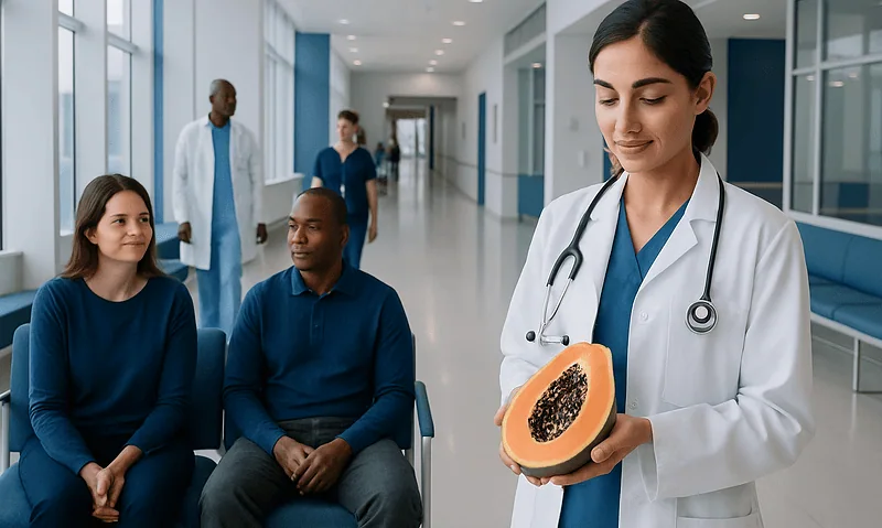 Doctor holding papaya in hospital corridor with patients and staff.