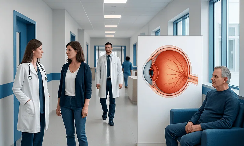 Papilledema: What Patients Need to Know 13 Medical professionals discussing eye health in a hospital corridor with eye anatomy model.