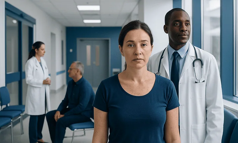 Medical staff and patient in hospital corridor, healthcare setting.