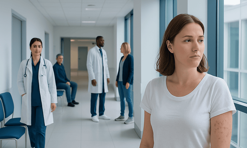 Young woman with skin rash in a hospital corridor with medical staff.