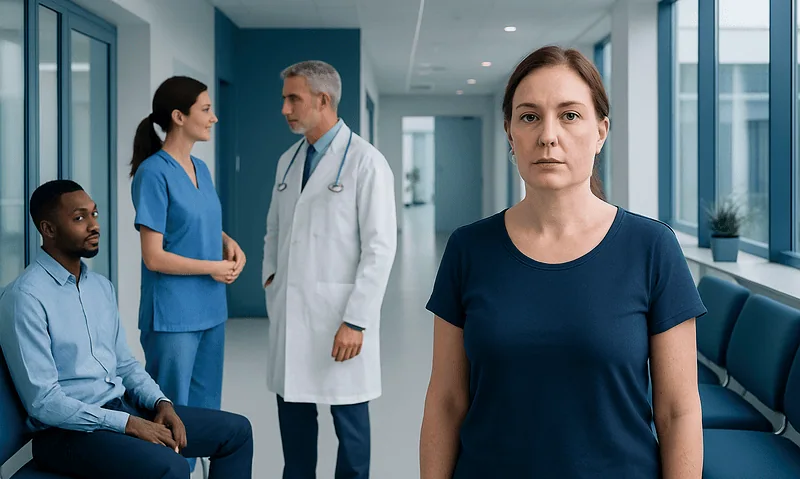 Patient waiting in hospital corridor with medical staff nearby.