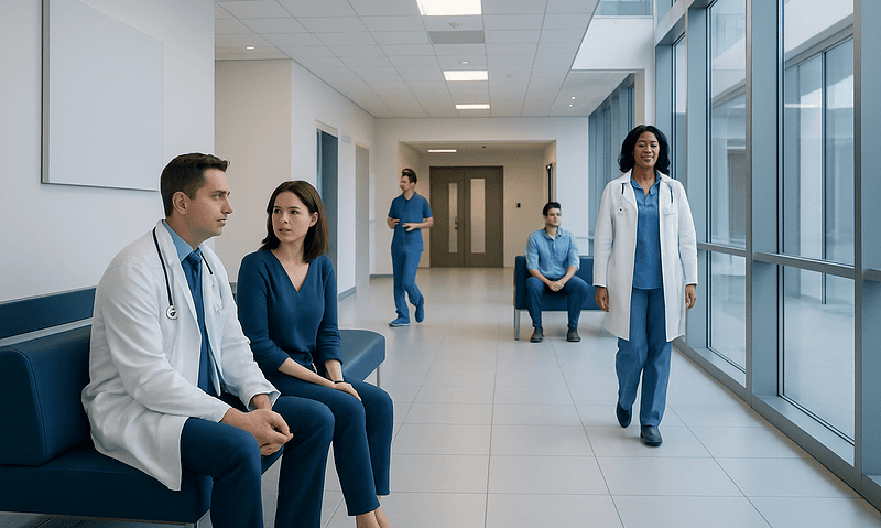 Medical team waiting in hospital corridor with large windows and seating area.