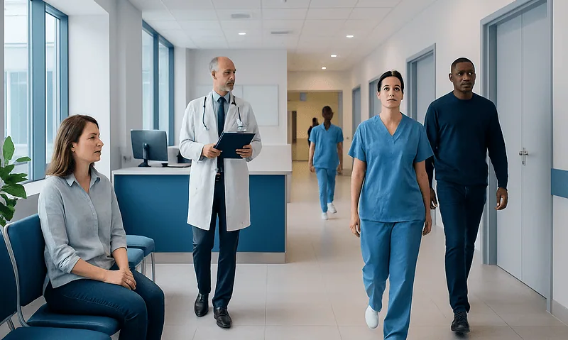 Medical staff and patients in a hospital corridor at Acibadem Hospitals Group.