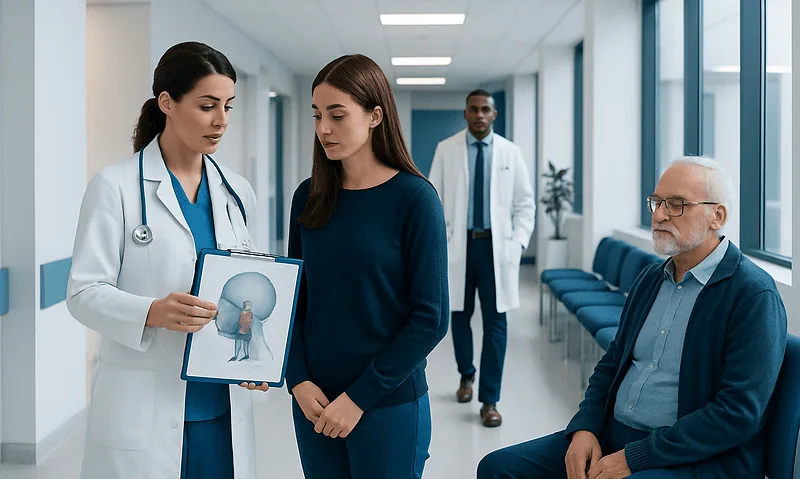 Medical team discussing a brain scan with a patient in hospital corridor.