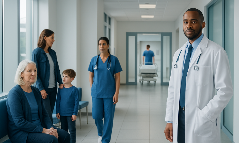 Medical team and patients in hospital corridor at Acibadem Hospitals Group.