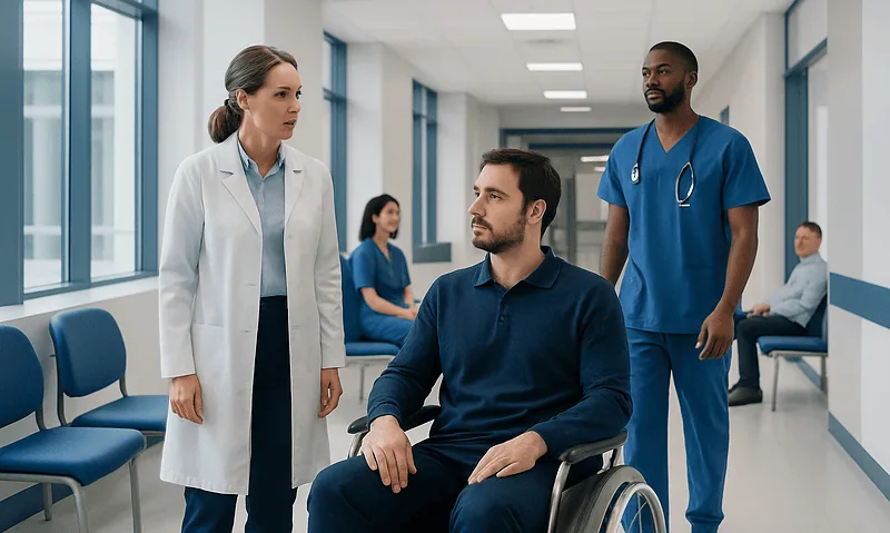 Medical team consulting a patient in a hospital corridor.