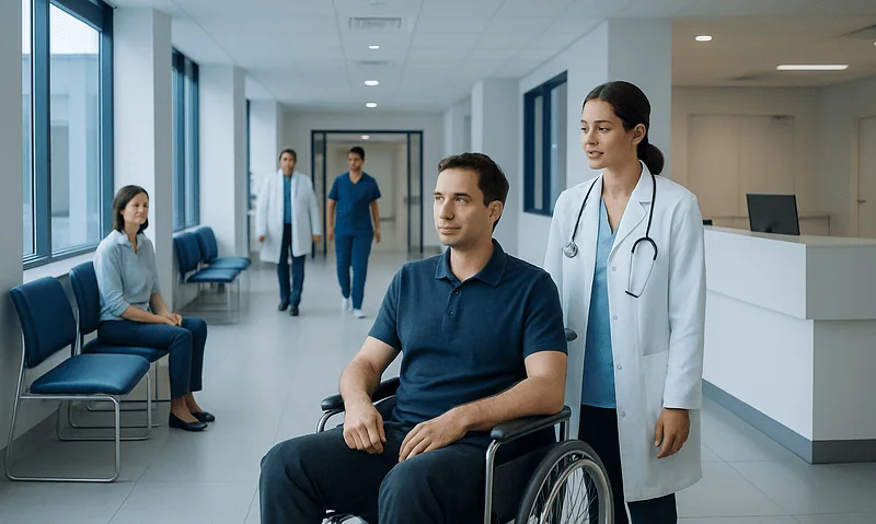 Medical consultation in hospital corridor with patient in wheelchair and healthcare professionals.