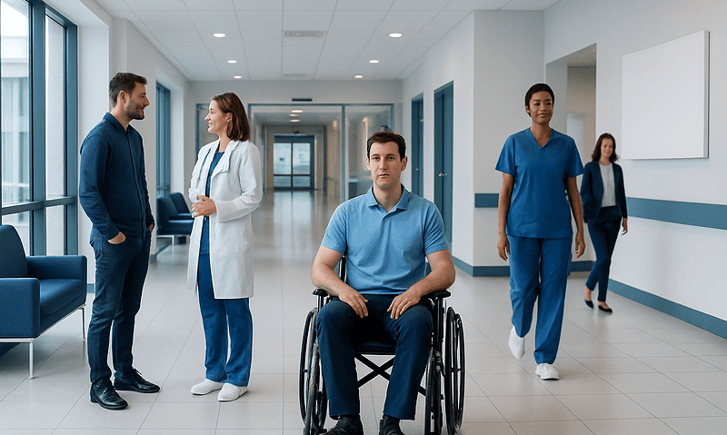 Patient in wheelchair with medical staff in hospital corridor.