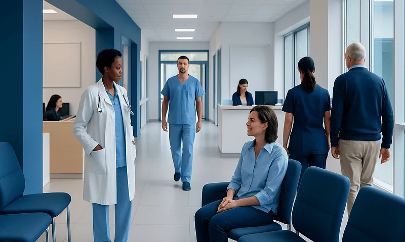 Medical staff and patients in a modern hospital corridor.