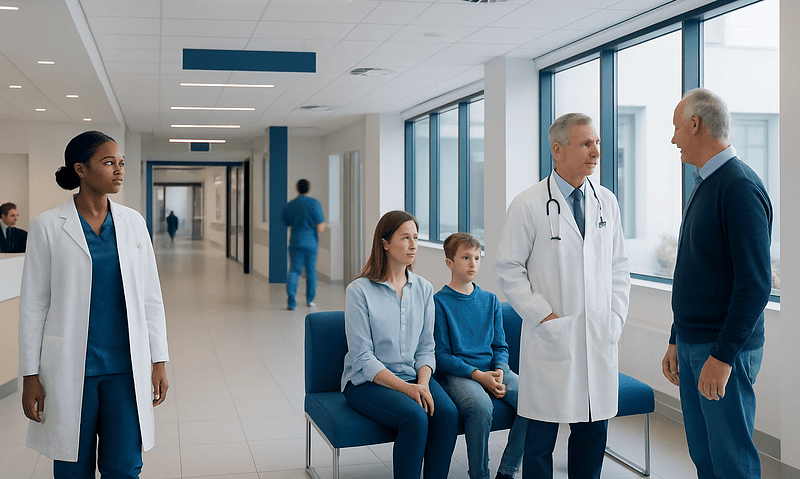 Doctors and patients in a modern hospital corridor at Acibadem Hospitals Group.