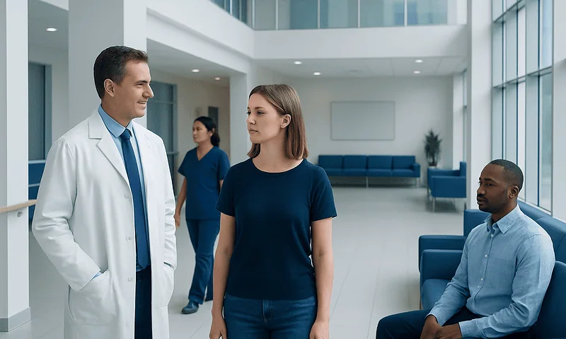 Doctor talking to a young woman in a hospital lobby with waiting patients.