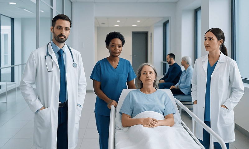 Medical team with patient in hospital corridor at Acibadem Hospitals Group.
