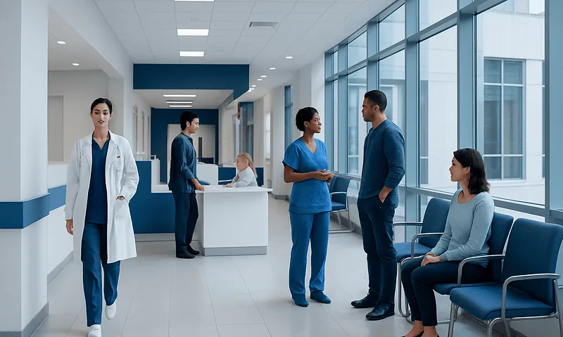 Medical staff and patients in a modern hospital corridor with large windows.