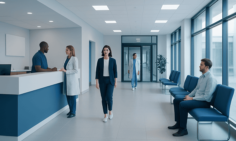 Modern hospital reception area with medical staff and patients.