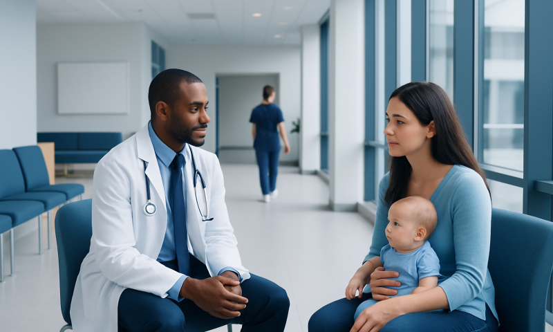 Doctor consulting with mother and baby in hospital setting.