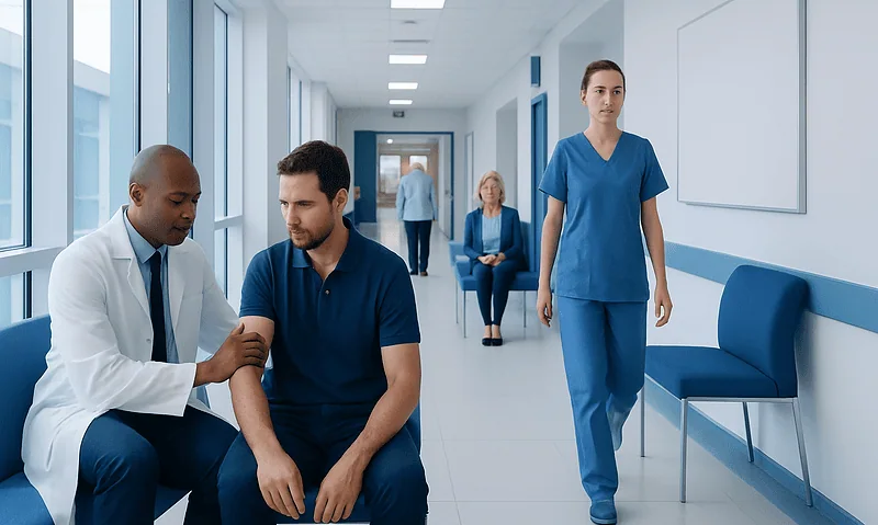 Medical consultation in hospital corridor with healthcare professionals and patient.