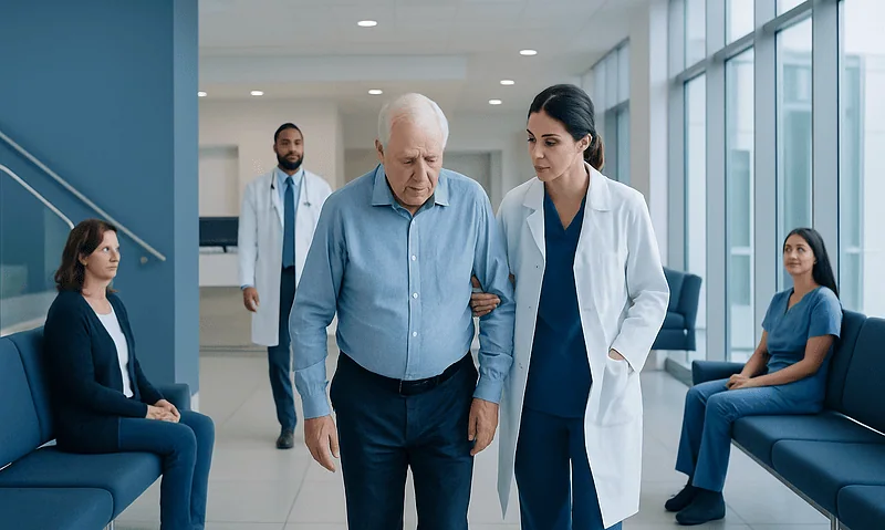 Elderly man walking with nurse in hospital corridor with patients seated.