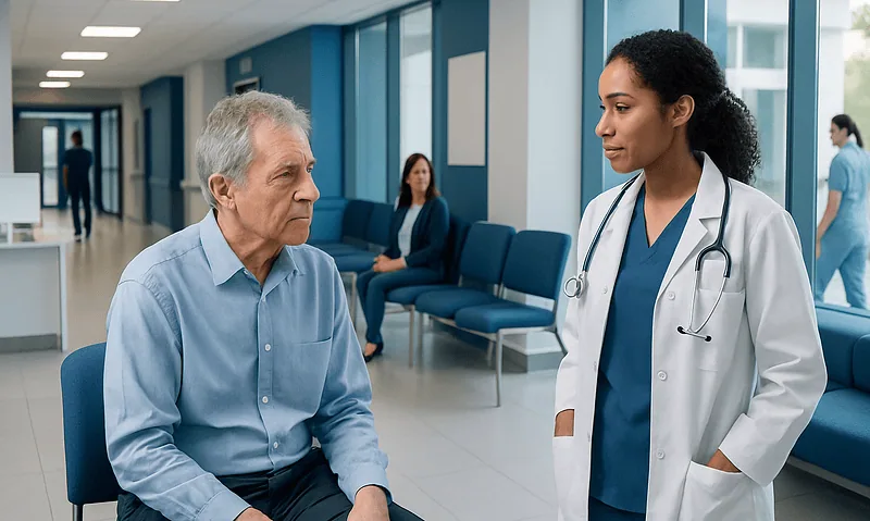 Doctor consulting with an elderly patient in a hospital corridor.