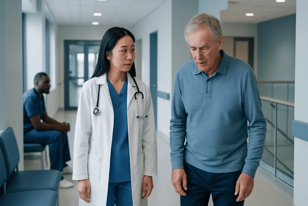 Parkinson's Disease Symptoms: Common Causes, Related Conditions, and When to See a Doctor 1 Doctor consulting an elderly patient in a hospital corridor.
