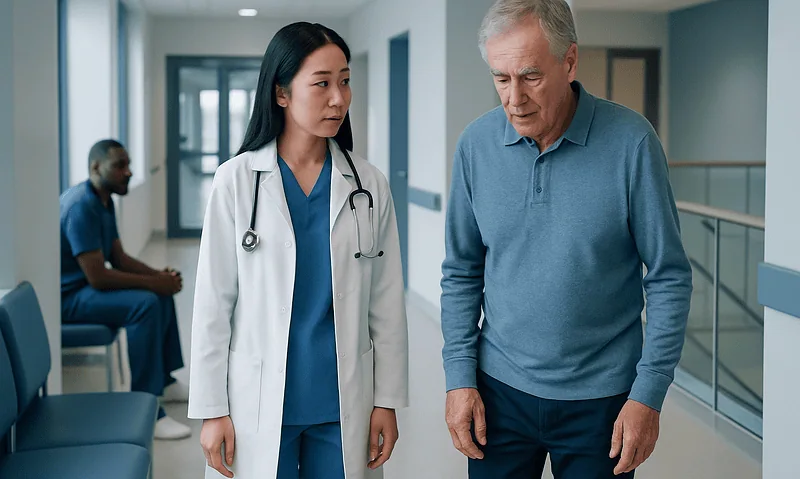 Doctor consulting an elderly patient in a hospital corridor.