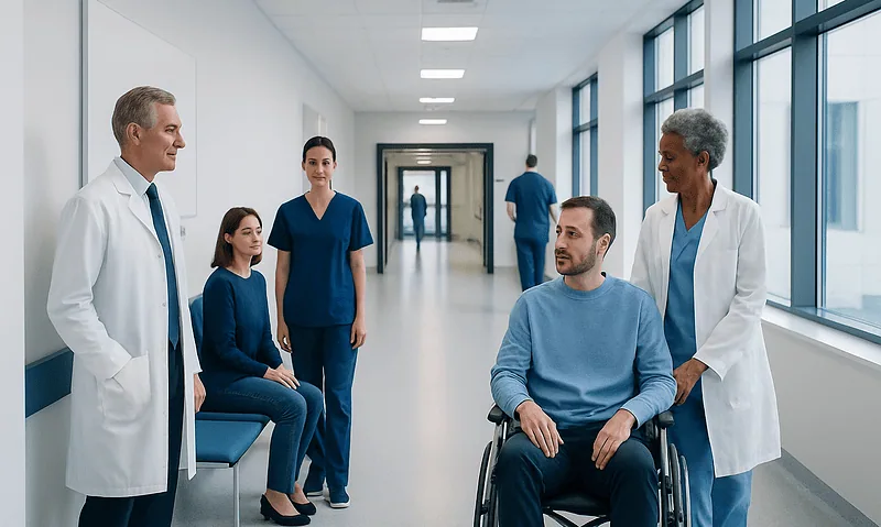 Medical team consulting patient in hospital corridor with wheelchair.