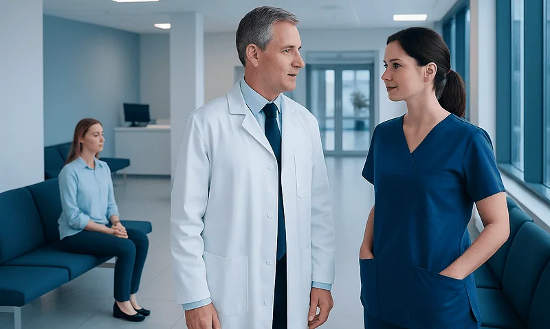 Medical professionals discussing in a hospital corridor with patient in background.