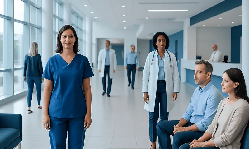 Healthcare professionals and patients in a modern hospital corridor.