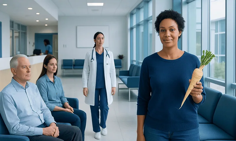 Woman holding a large fresh carrot in a hospital waiting area.