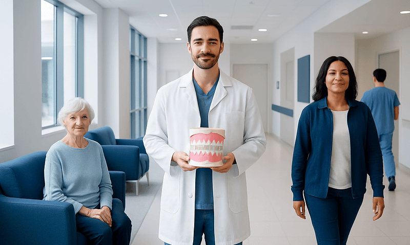 Dentist holding a dental model with elderly and middle-aged patients in clinic.