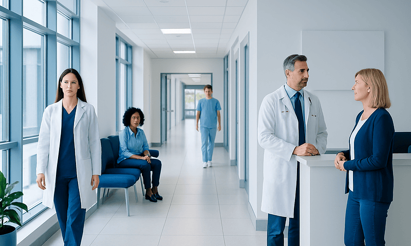 Medical staff and patients in a modern hospital corridor.