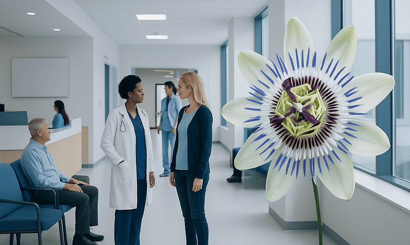 Medical consultation in a modern hospital corridor with a passion flower overlay.
