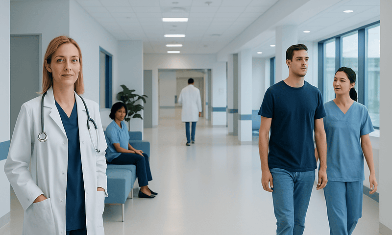 Healthcare professionals and patients in a modern hospital corridor.