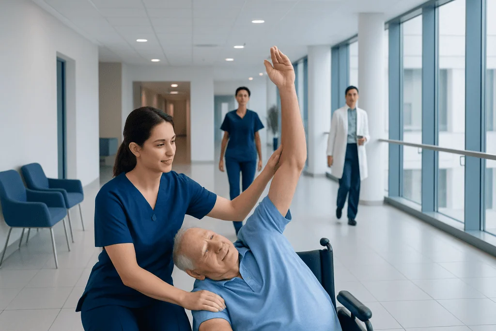Passive Range of Motion: A Complete Medical Overview 1 Physical therapist assisting elderly patient with arm stretch in hospital corridor.