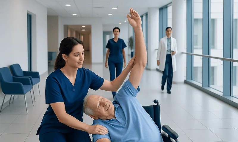 Physical therapist assisting elderly patient with arm stretch in hospital corridor.