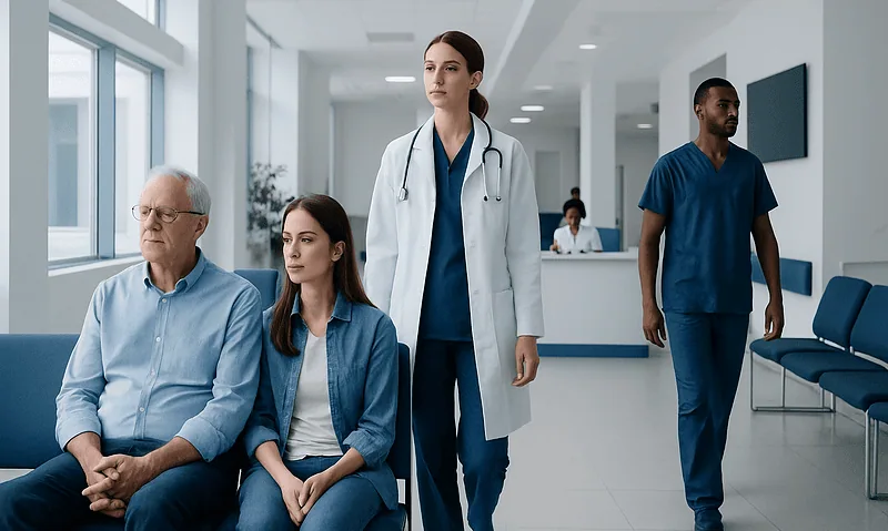 Medical professionals and patient in a hospital corridor at Acibadem Hospitals Group.