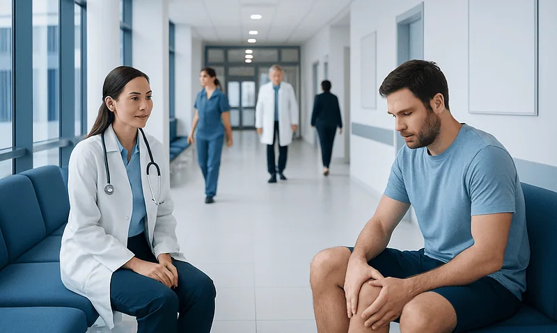 Doctor consulting with patient in hospital corridor for knee pain assessment.