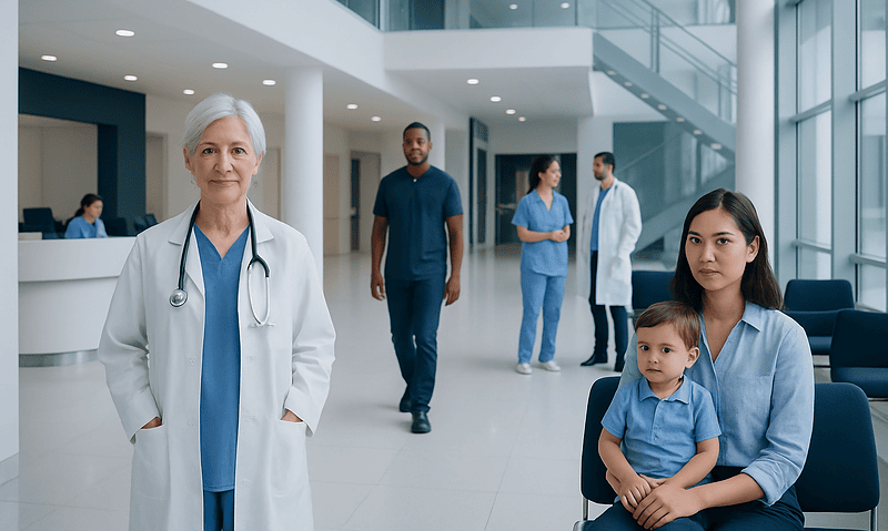 Healthcare professionals and patients in a modern hospital lobby.