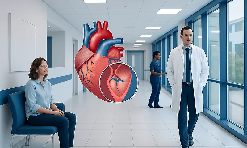 Patent Foramen Ovale and Stroke: When a Hole in the Heart May Matter 1 Medical consultation on heart health in a hospital corridor with a heart diagram.