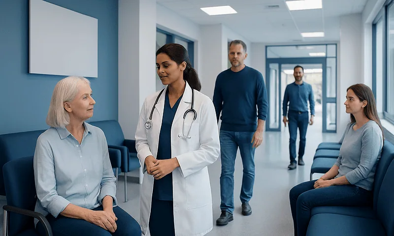 Doctor consulting with elderly patient in hospital corridor.