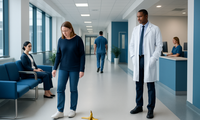 Patient and doctor in hospital corridor with banana peel on floor.
