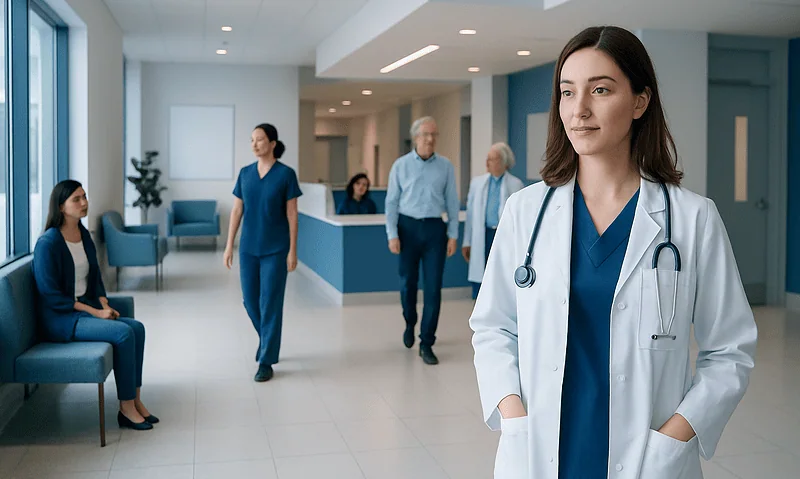 Healthcare professionals and patients in a modern hospital lobby.