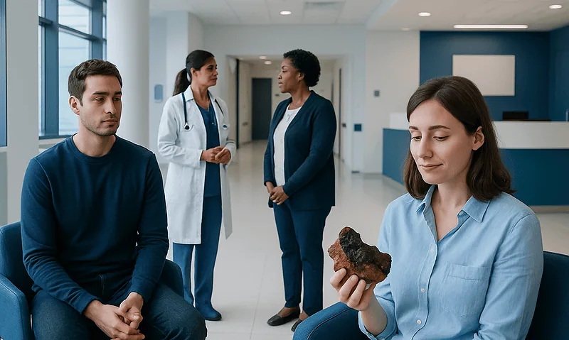 Patient and doctor in hospital waiting area with a large Chaga mushroom.