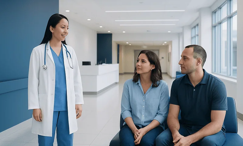 Doctor talking to patients in hospital corridor at Acibadem Hospitals Group.